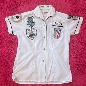 Vintage White Embroidered Bowling Shirt with Patches / Nürnberg